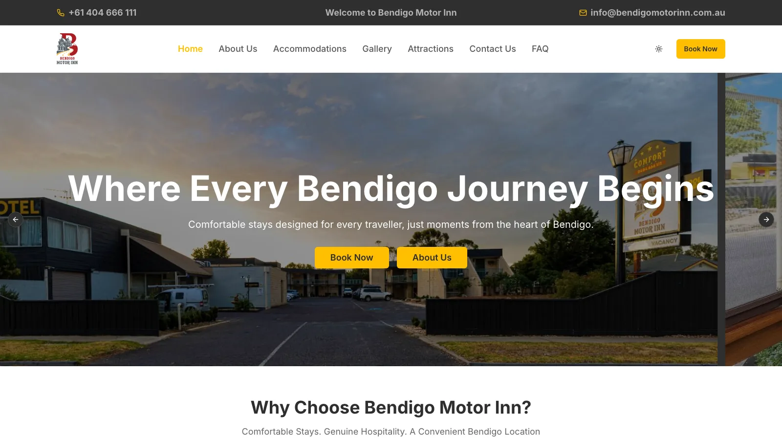 Home page of the Bendigo Motor Inn website showing the motel photo and Book Now button