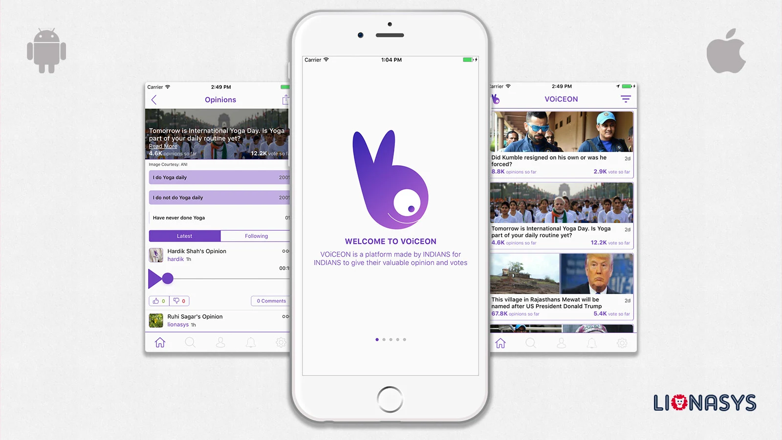 VOiCEON app interface showing voice-based social interactions